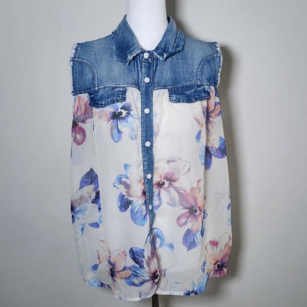 Papillon Floral Sheer Denim Top Womens Large Blue Boho Western Cottage Prairie